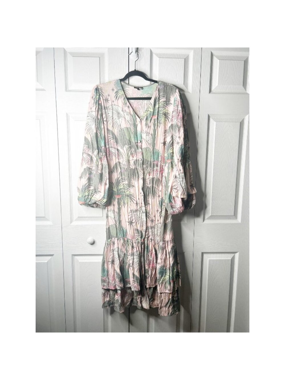 LoboRosa Pink Green Floral Print Puff Sleeve Maxi Dress Women's Size Medium M
